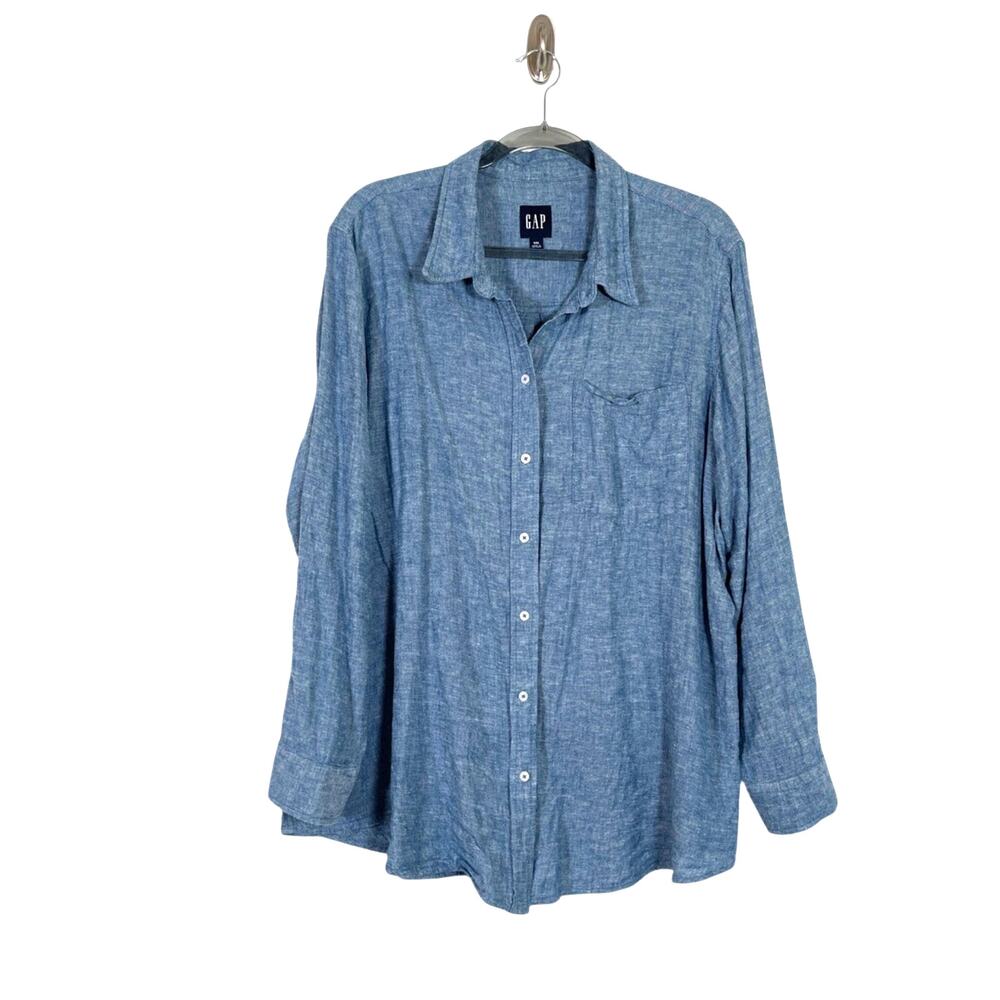 Gap Womens Linen Blend Button Down Long Sleeve Top in Blue Size XXL Coastal Prep